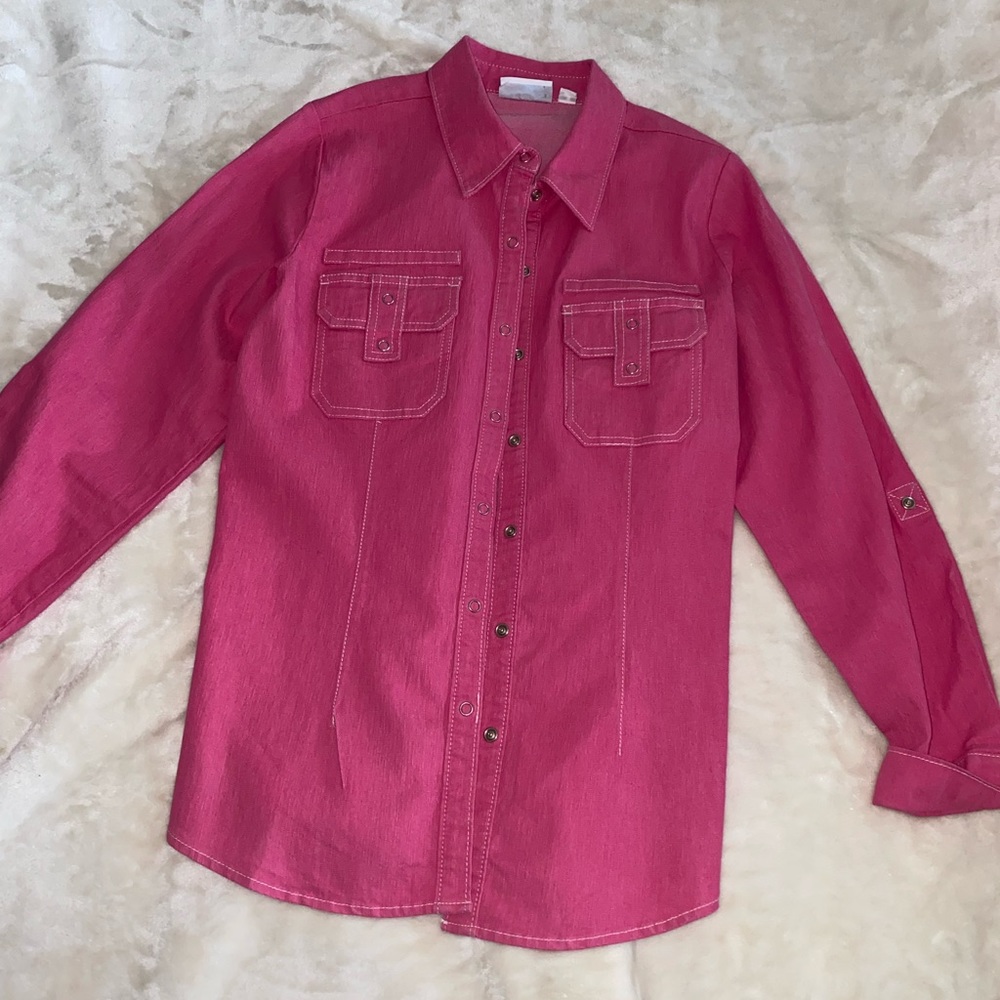 pink denim button down